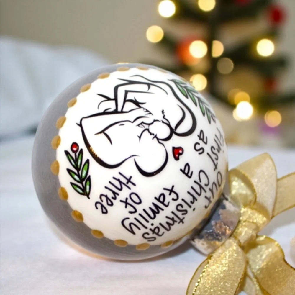 “Our First Christmas as a Family of Three” Personalized Ornament | Hand-Painted